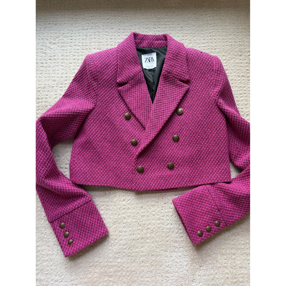 Zara Cropped Blazer Medium Pink Tweed Gold Buttons Barbiecore Parisian Preppy